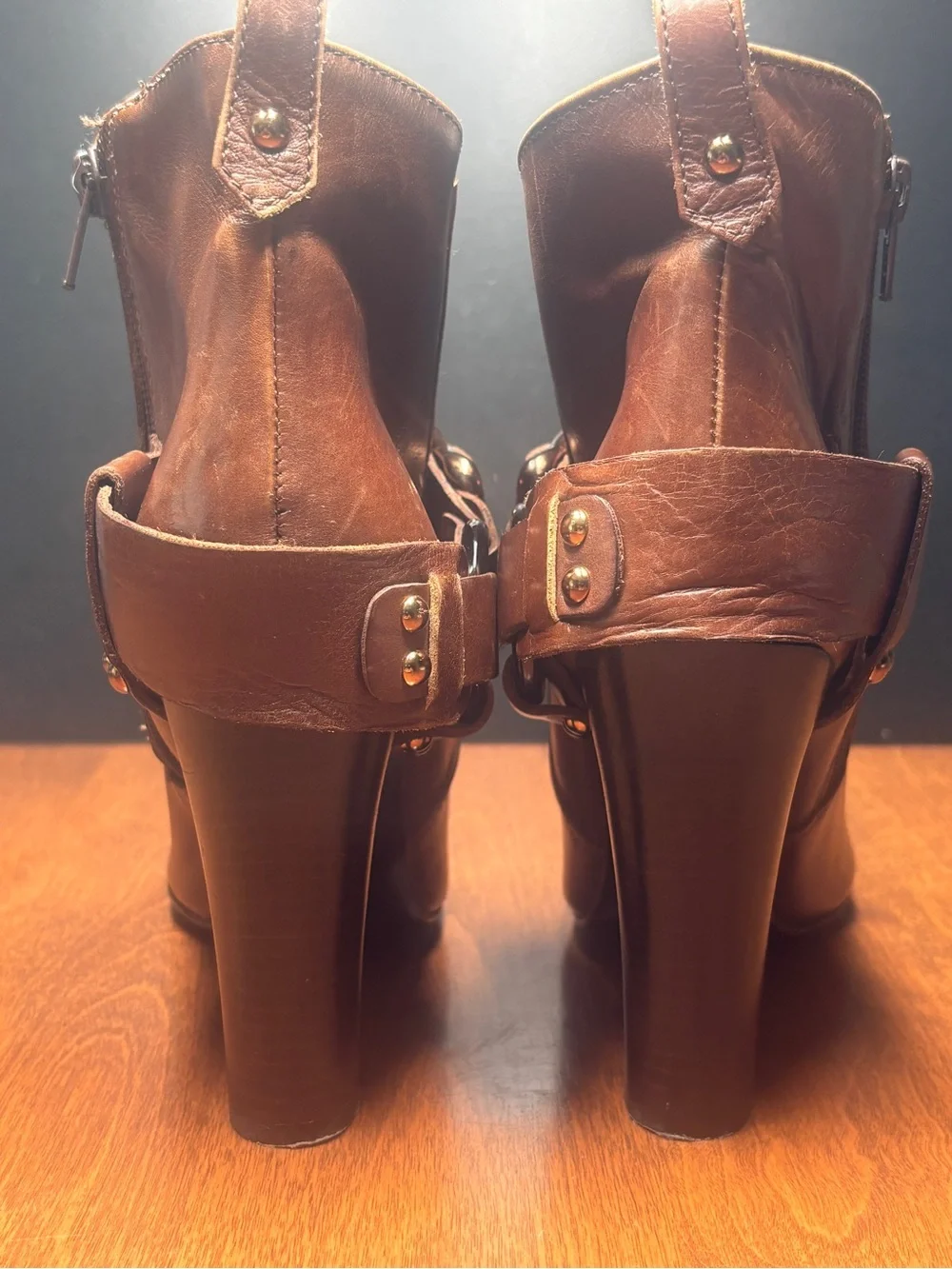 Women's Brown Leather Buckle Strap Ankle Booties